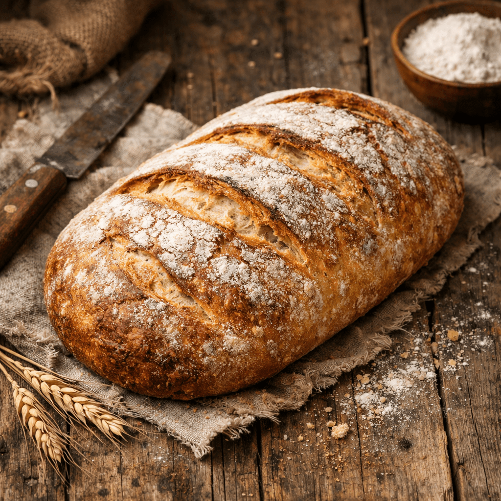 Rustic artisan bread loaf with a golden crust and flour dusting
