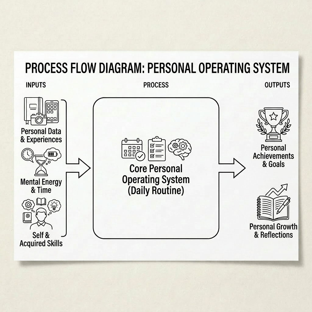 Manufacturing process flow chart showing inputs like raw materials, energy, labor, stages including material preparation, fabrication, assembly, quality control, packaging, storage, and outputs of finished goods, waste, and production data.
