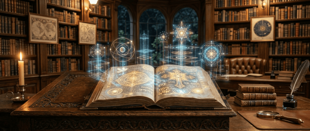Open Bible on wooden stand with glowing cross and mystical symbols in church