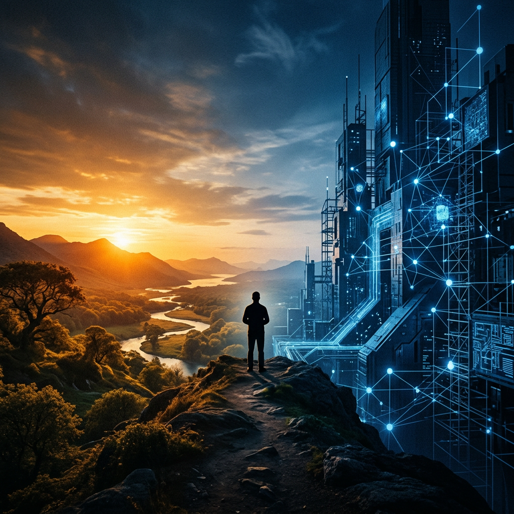 Silhouette overlooking a sunset valley beside a futuristic digital city