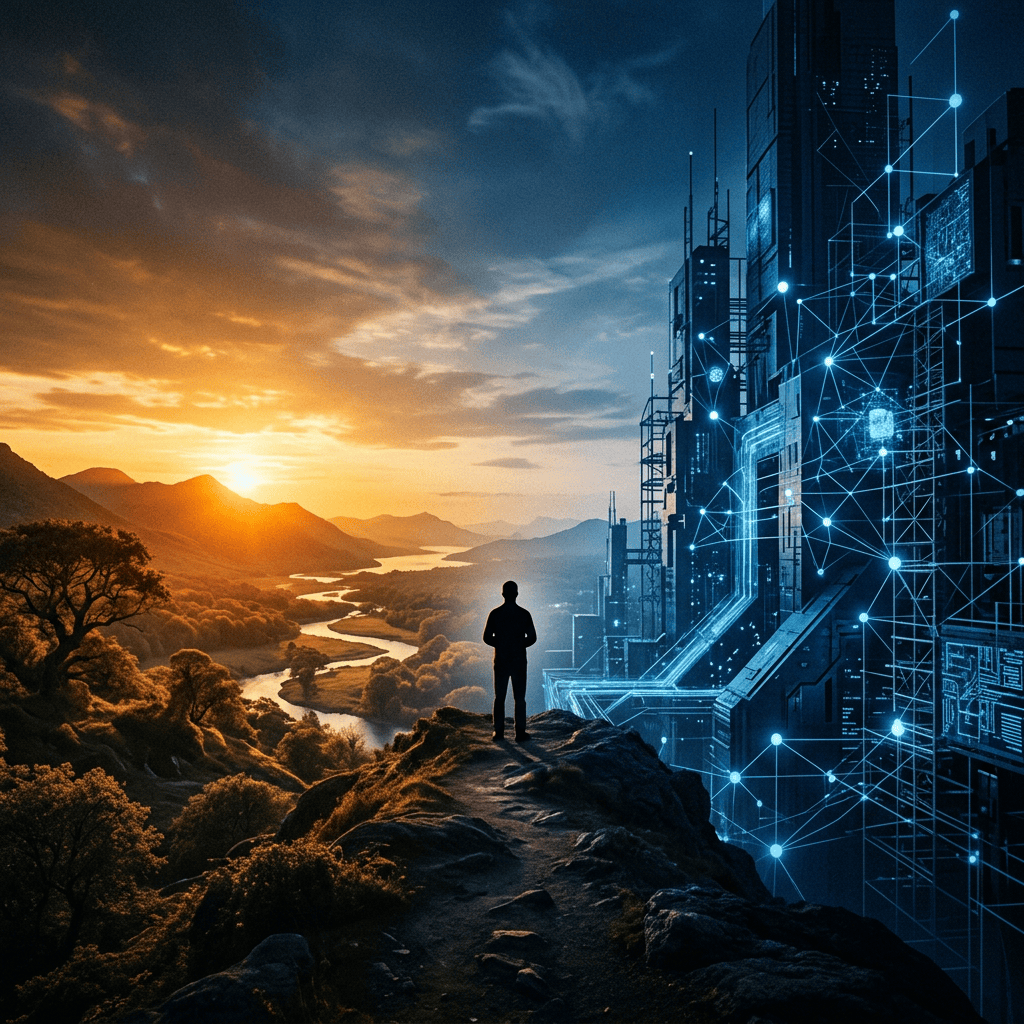 Silhouette overlooking a sunset valley beside a futuristic digital city